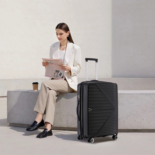 PP Luggage Sets 3 Piece(20/24/28), Expandable Carry On Luggage with TSA Lock Airline Approved, PP materials Hard Shell and Lightweight Suitcase with Spinner Wheels (Black)