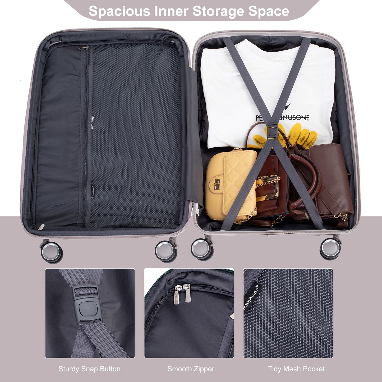 Expandable Hardshell Suitcase Double Spinner Wheels PP Luggage Sets Lightweight Durable Suitcase with TSA Lock,3-Piece Set (20/24/28) , Griege