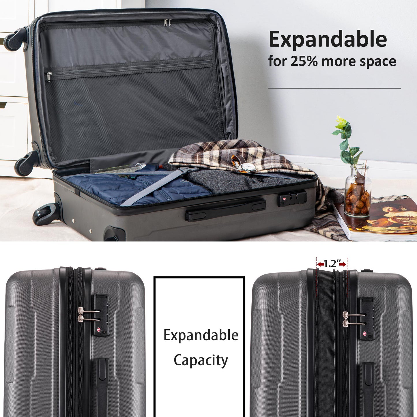 Expanable Spinner Wheel 2 Piece Luggage Set ABS Lightweight Suitcase with TSA Lock 20inch+24inch