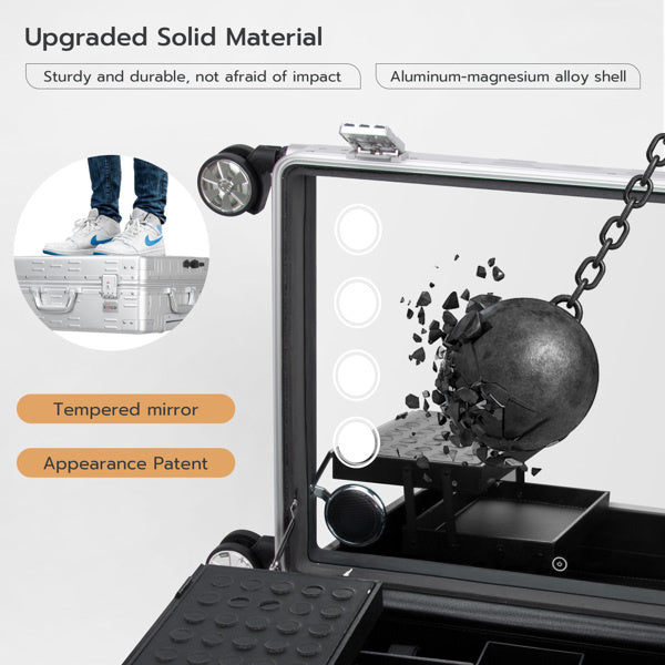 Makeup Train Case with Mirror and Lights, Free Standing Portable Vanity Station w/Wheels and Speakers, Professional Rolling Cosmetic Trolley Organizer Travel Case