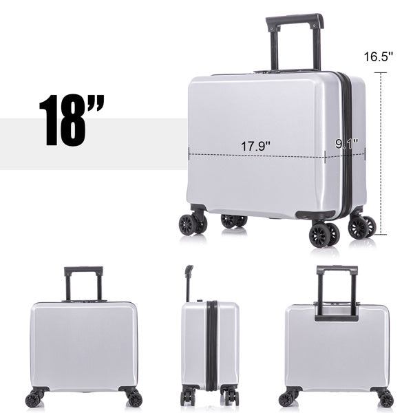 2 Piece Travel Luggage Set Hard shell Suitcase with Spinner Wheels 18' Underseat luggage and 14' Comestic Travel case Toiletry box Silver