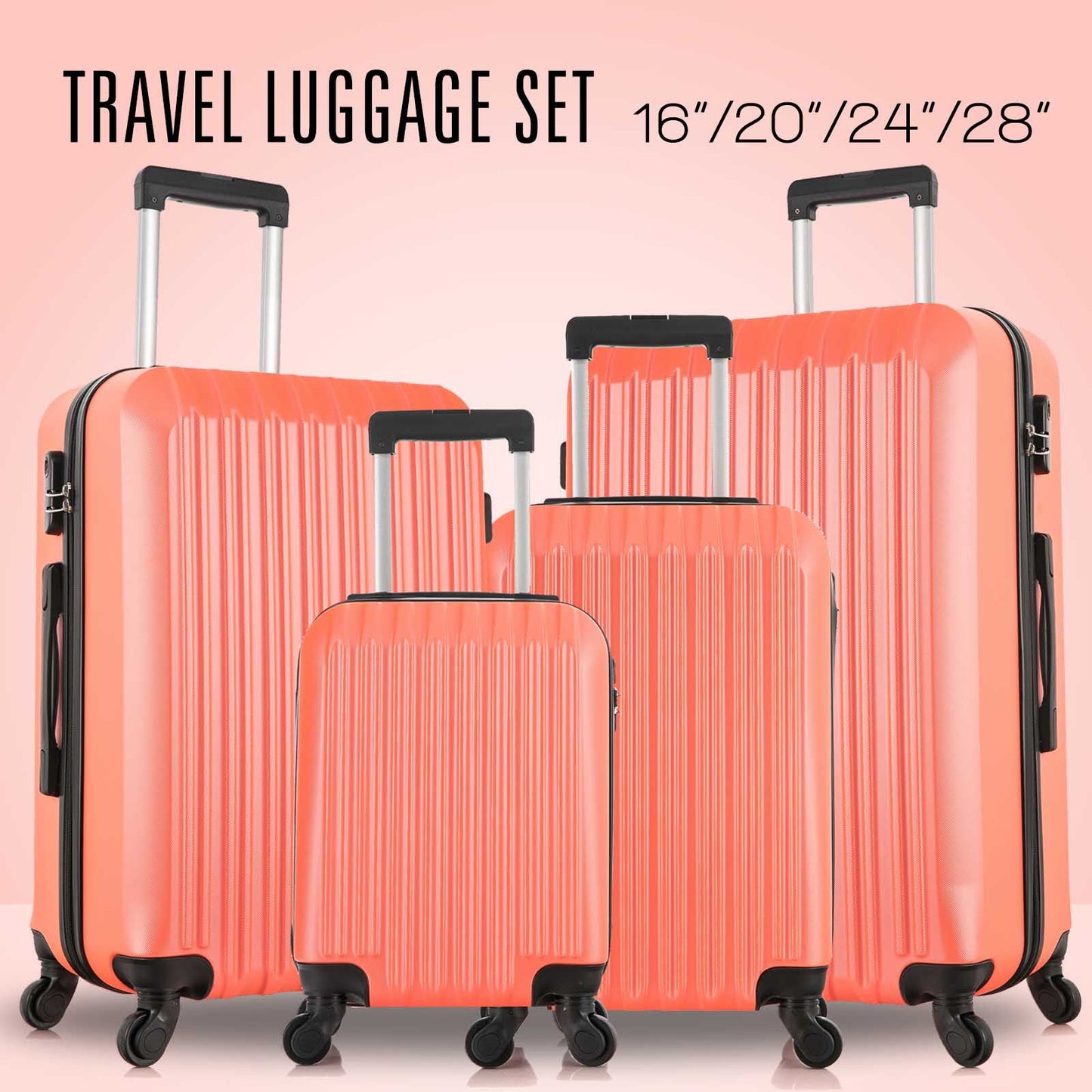 4 Piece Set Luggage Sets Suitcase ABS Hardshell Lightweight Spinner Wheels (16/20/24/28 inch) Orange