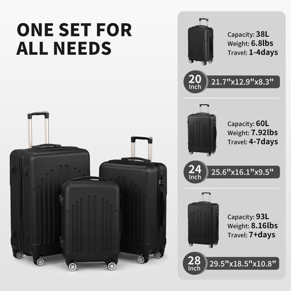 Luggage Set of 3, ABS+PC Hardside Suitcase Sets with TSA Lock 4 Spinner Wheels, Lightweight Trolley Travel Case for Carry On Check-in Business Trip, 20" 24" 28"