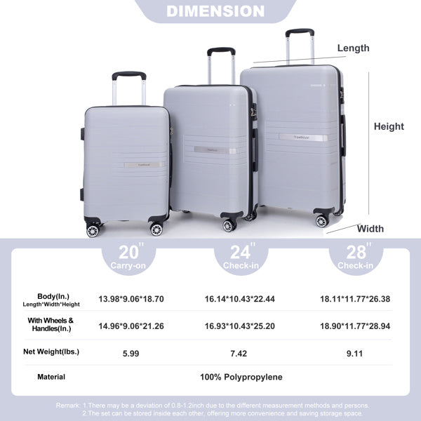 Hardshell Suitcase Double Spinner Wheels PP Luggage Sets Lightweight Durable Suitcase with TSA Lock,3-Piece Set (20/24/28) , Silver