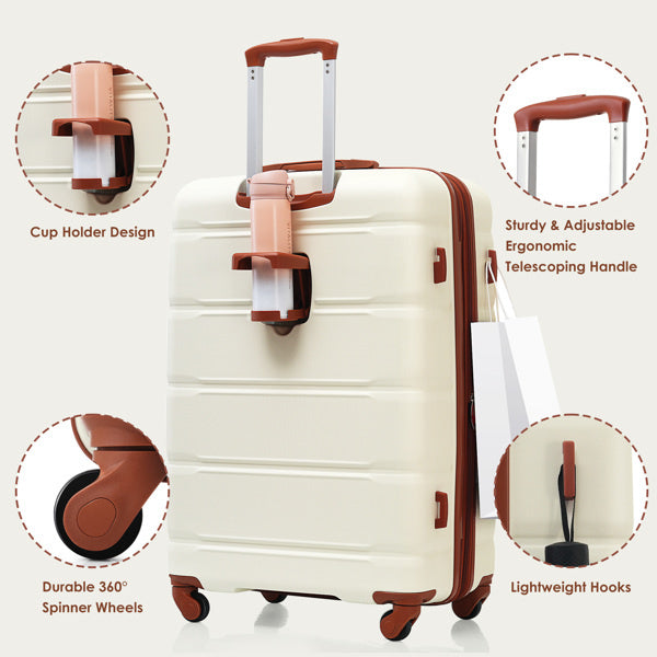 Luggage Sets 4 Piece, 20-inch with USB Port, Expandable ABS Durable Suitcase with Travel Bag, Cup Holder, ABS Hard Shell Luggage with Spinner Wheels, beige and brown