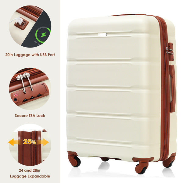 Luggage Sets 4 Piece, 20-inch with USB Port, Expandable ABS Durable Suitcase with Travel Bag, Cup Holder, ABS Hard Shell Luggage with Spinner Wheels, beige and brown