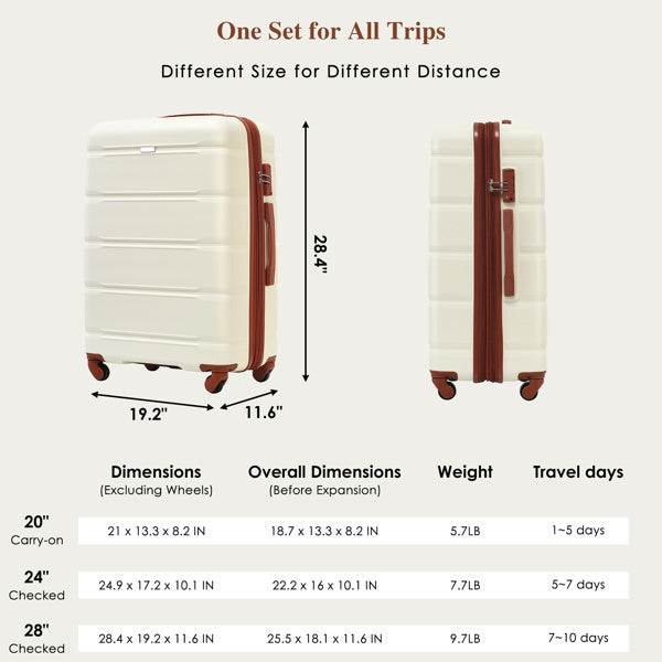 Luggage Sets 4 Piece, 20-inch with USB Port, Expandable ABS Durable Suitcase with Travel Bag, Cup Holder, ABS Hard Shell Luggage with Spinner Wheels, beige and brown