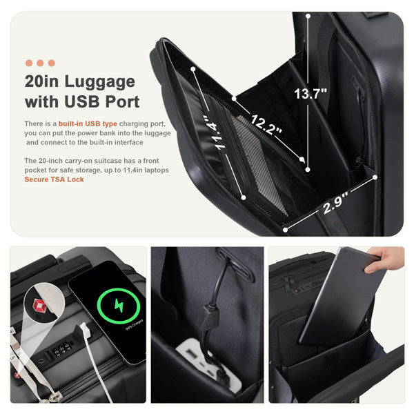 Luggage Sets 3 Piece, 20-inch with USB Port and front opening design, ABS Hard Shell Luggage with Spinner Wheels, Cup Holder, black and brown