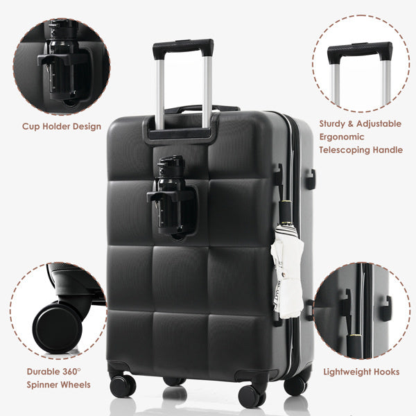 Luggage Sets 3 Piece, 20-inch with USB Port and front opening design, ABS Hard Shell Luggage with Spinner Wheels, Cup Holder, black and brown