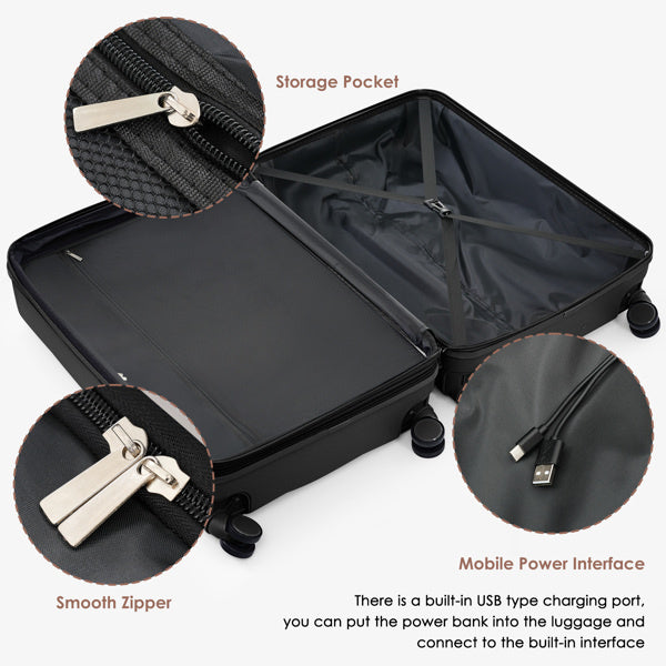 Luggage Sets 3 Piece, 20-inch with USB Port and front opening design, ABS Hard Shell Luggage with Spinner Wheels, Cup Holder, black and brown