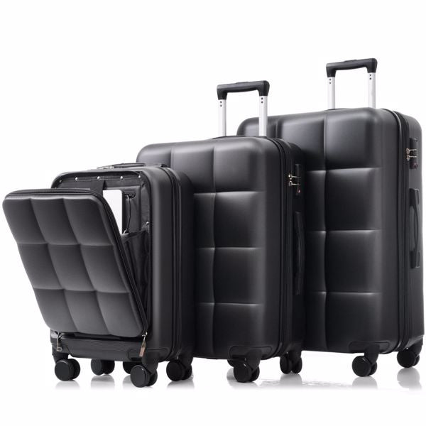 Luggage Sets 3 Piece, 20-inch with USB Port and front opening design, ABS Hard Shell Luggage with Spinner Wheels, Cup Holder, black and brown