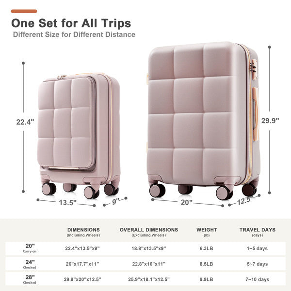 Luggage Sets 3 Piece, 20-inch with USB Port and front opening design, ABS Hard Shell Luggage with Spinner Wheels, Cup Holder