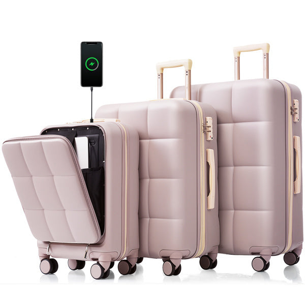 Luggage Sets 3 Piece, 20-inch with USB Port and front opening design, ABS Hard Shell Luggage with Spinner Wheels, Cup Holder