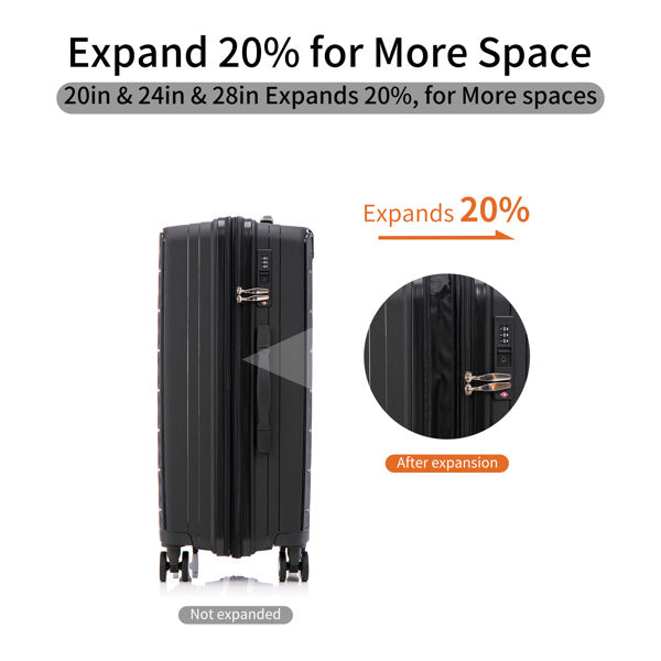 PP Luggage Sets 3 Piece(20/24/28), Expandable Carry On Luggage with TSA Lock Airline Approved, PP materials Hard Shell and Lightweight Suitcase with Spinner Wheels (Black)