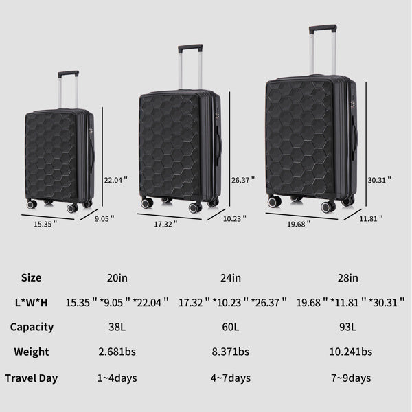 PP Luggage Sets 3 Piece(20/24/28), Expandable Carry On Luggage with TSA Lock Airline Approved, PP materials Hard Shell and Lightweight Suitcase with Spinner Wheels (Black)