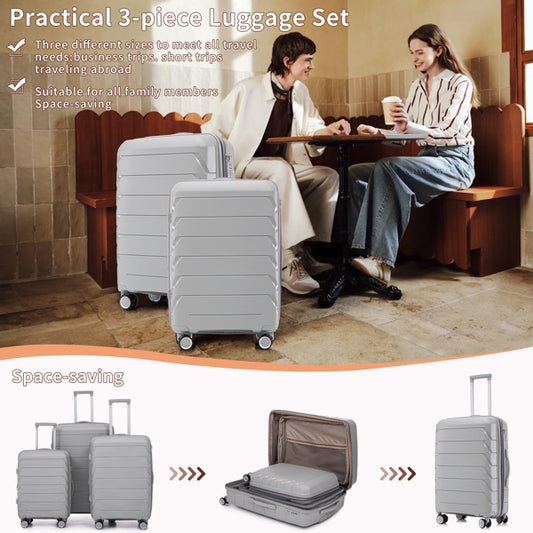 PP Luggage Sets 3 Piece(20/24/28), Expandable Carry On Luggage with TSA Lock Airline Approved, PP materials Hard Shell and Lightweight Suitcase with Spinner Wheels (Gray)