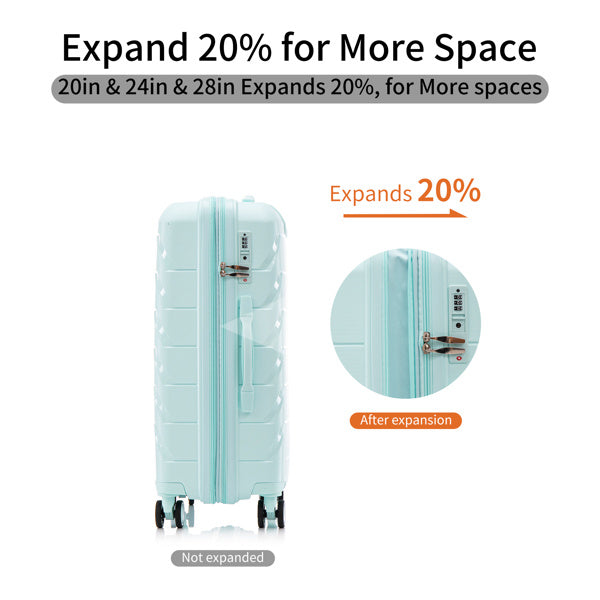 PP Luggage Sets 3 Piece(20/24/28), Expandable Carry On Luggage with TSA Lock Airline Approved, PP materials Hard Shell and Lightweight Suitcase with Spinner Wheels (Mint Green)