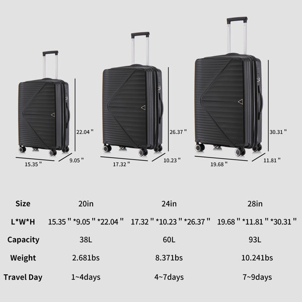 PP Luggage Sets 3 Piece(20/24/28), Expandable Carry On Luggage with TSA Lock Airline Approved, PP materials Hard Shell and Lightweight Suitcase with Spinner Wheels (Black)