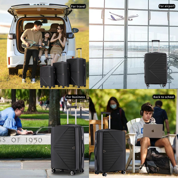 PP Luggage Sets 3 Piece(20/24/28), Expandable Carry On Luggage with TSA Lock Airline Approved, PP materials Hard Shell and Lightweight Suitcase with Spinner Wheels (Black)