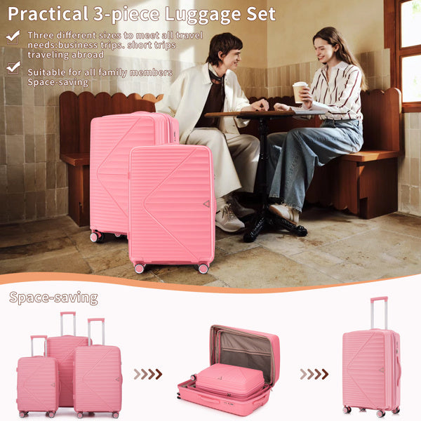 PP Luggage Sets 3 Piece(20/24/28), Expandable Carry On Luggage with TSA Lock Airline Approved, PP materials Hard Shell and Lightweight Suitcase with Spinner Wheels (Pink)