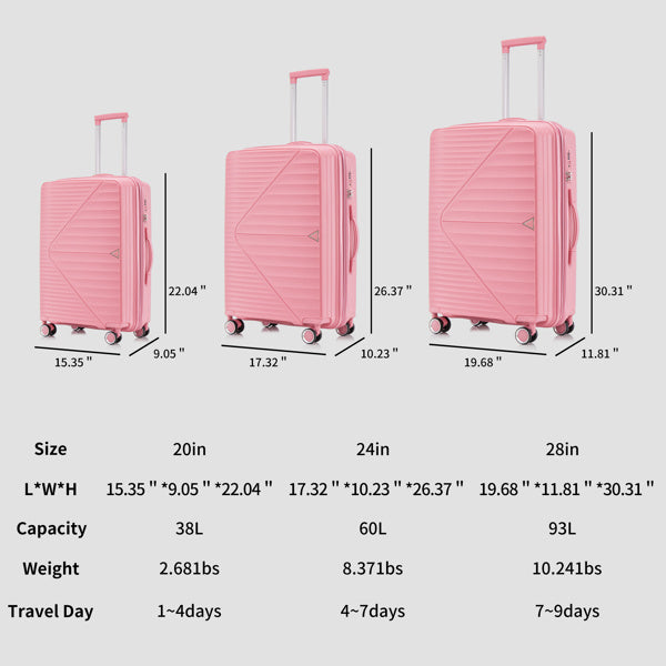 PP Luggage Sets 3 Piece(20/24/28), Expandable Carry On Luggage with TSA Lock Airline Approved, PP materials Hard Shell and Lightweight Suitcase with Spinner Wheels (Pink)