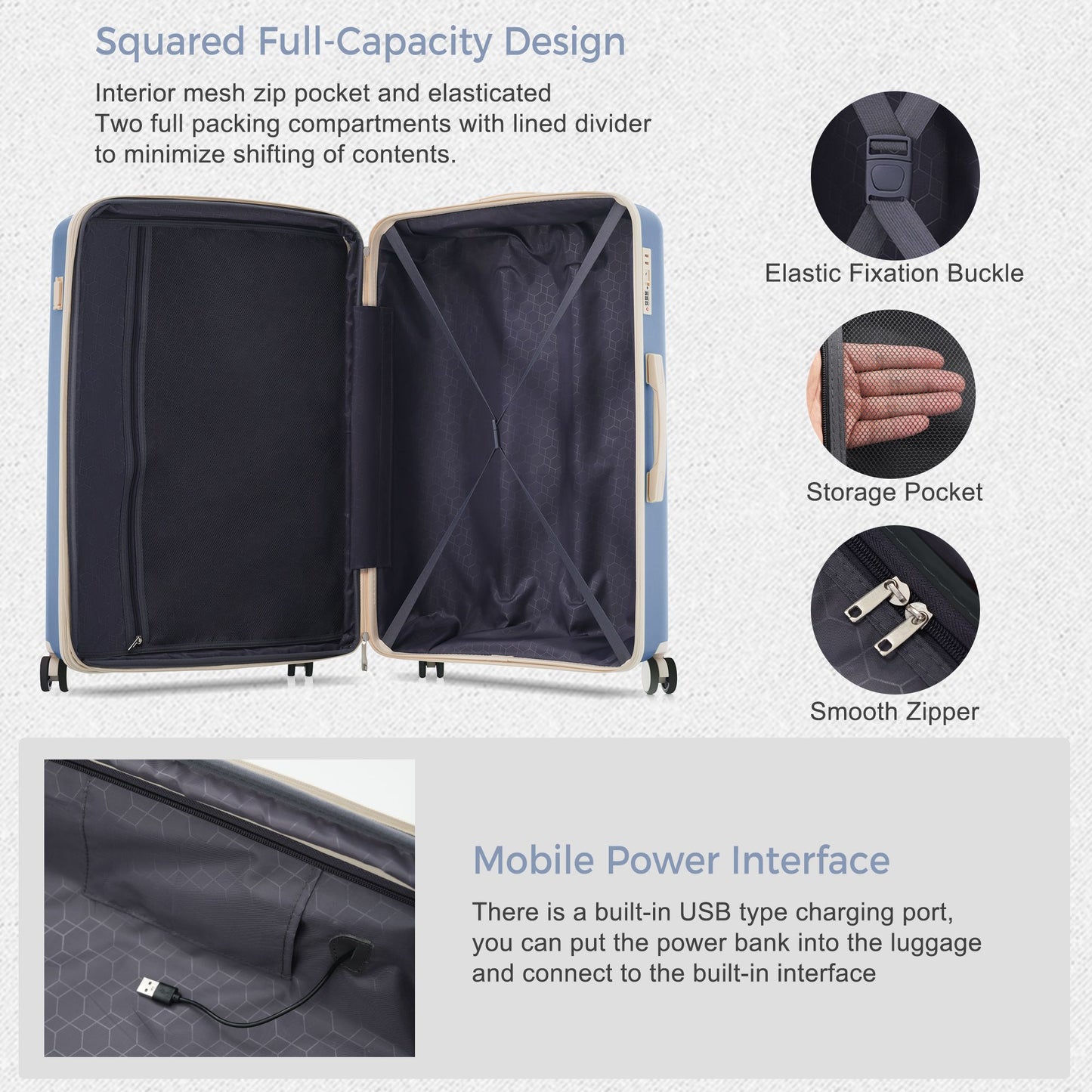 Luggage Sets 3 Piece Suitcase Set 20/24/28 with USB Port,Carry on Luggage Airline Approved,PP Lightweight Suitcase with Spinner Wheels, Blue and Ivory