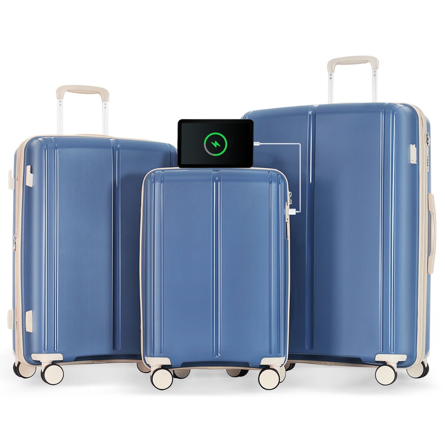 Luggage Sets 3 Piece Suitcase Set 20/24/28 with USB Port,Carry on Luggage Airline Approved,PP Lightweight Suitcase with Spinner Wheels, Blue and Ivory