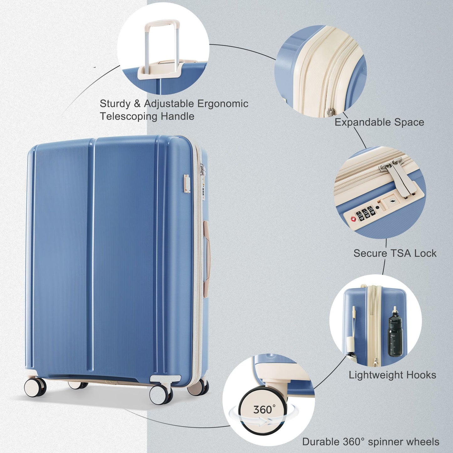 Luggage Sets 3 Piece Suitcase Set 20/24/28 with USB Port,Carry on Luggage Airline Approved,PP Lightweight Suitcase with Spinner Wheels, Blue and Ivory
