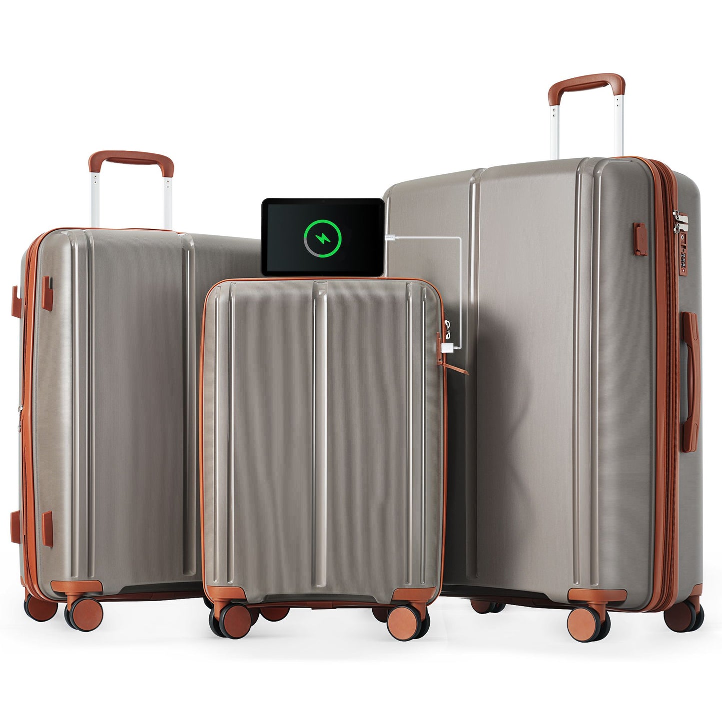 Luggage Sets 3 Piece Suitcase Set 20/24/28 with USB Port,Carry on Luggage Airline Approved,PP Lightweight Suitcase with Spinner Wheels, Brown