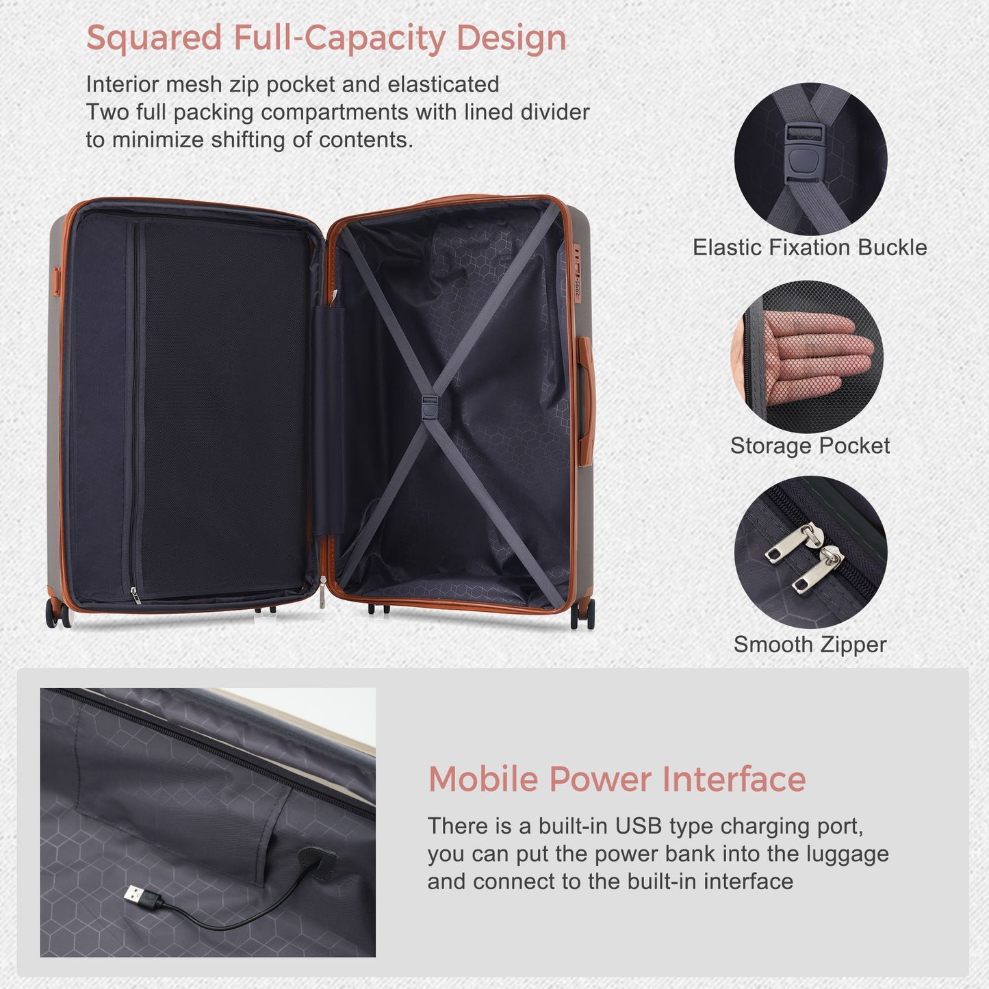 Luggage Sets 3 Piece Suitcase Set 20/24/28 with USB Port,Carry on Luggage Airline Approved,PP Lightweight Suitcase with Spinner Wheels, Brown