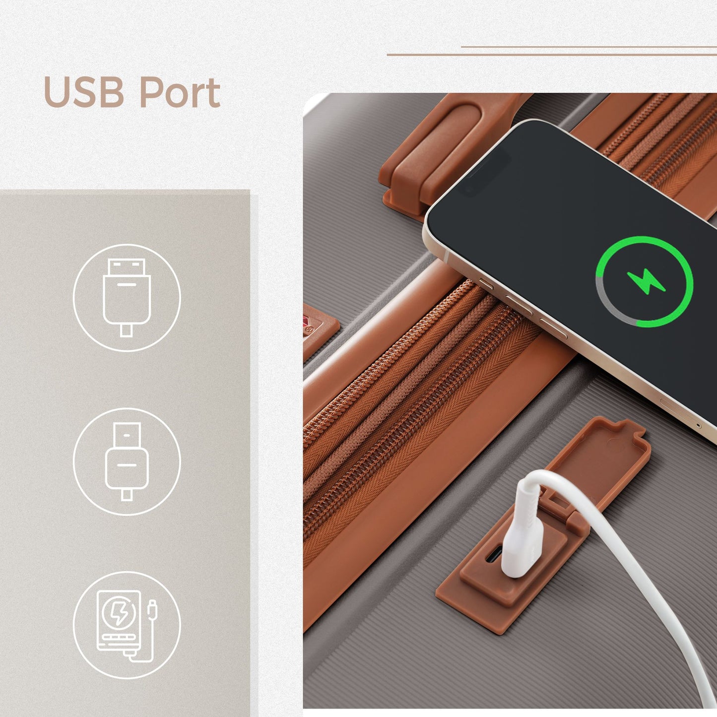 Luggage Sets 3 Piece Suitcase Set 20/24/28 with USB Port,Carry on Luggage Airline Approved,PP Lightweight Suitcase with Spinner Wheels, Brown