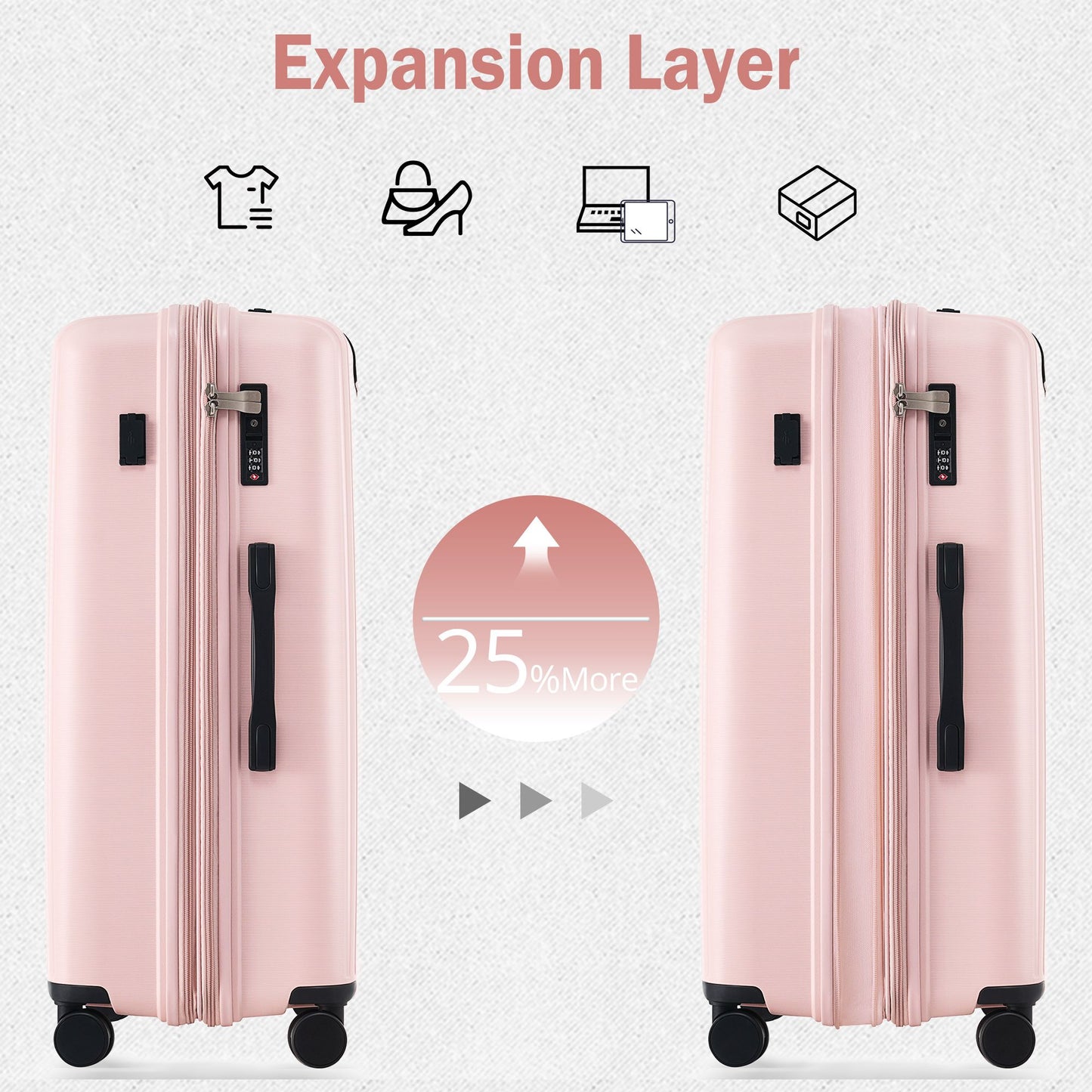 Luggage Sets 3 Piece Suitcase Set 20/24/28 with USB Port,Carry on Luggage Airline Approved,PP Lightweight Suitcase with Spinner Wheels, Pink
