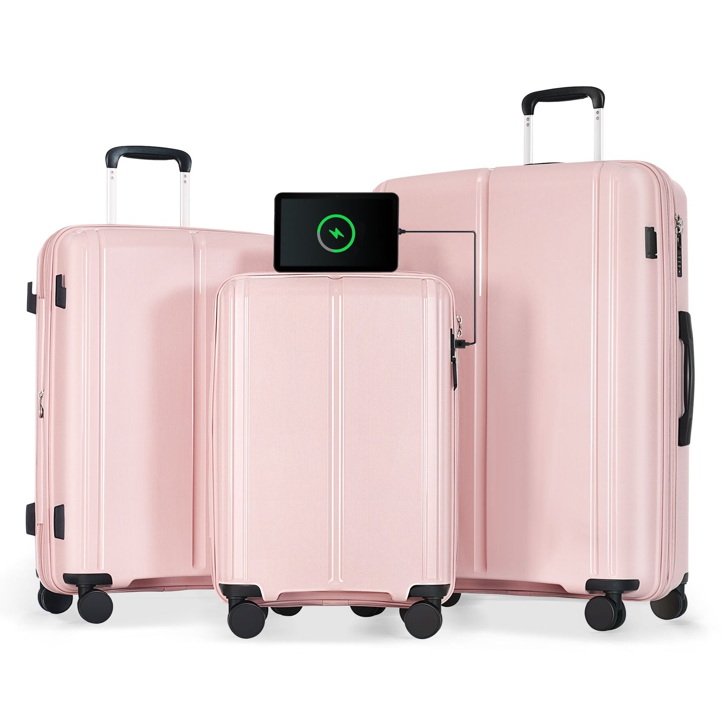 Luggage Sets 3 Piece Suitcase Set 20/24/28 with USB Port,Carry on Luggage Airline Approved,PP Lightweight Suitcase with Spinner Wheels, Pink