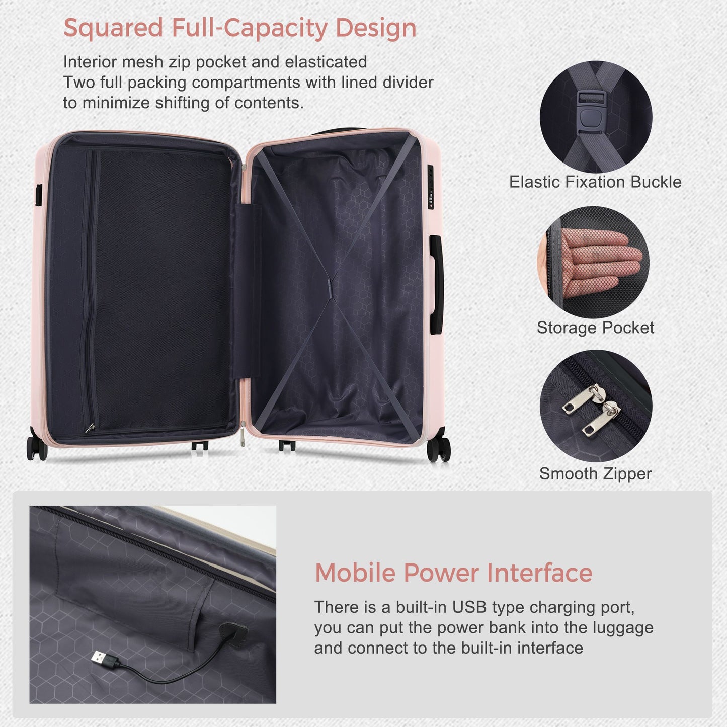 Luggage Sets 3 Piece Suitcase Set 20/24/28 with USB Port,Carry on Luggage Airline Approved,PP Lightweight Suitcase with Spinner Wheels, Pink