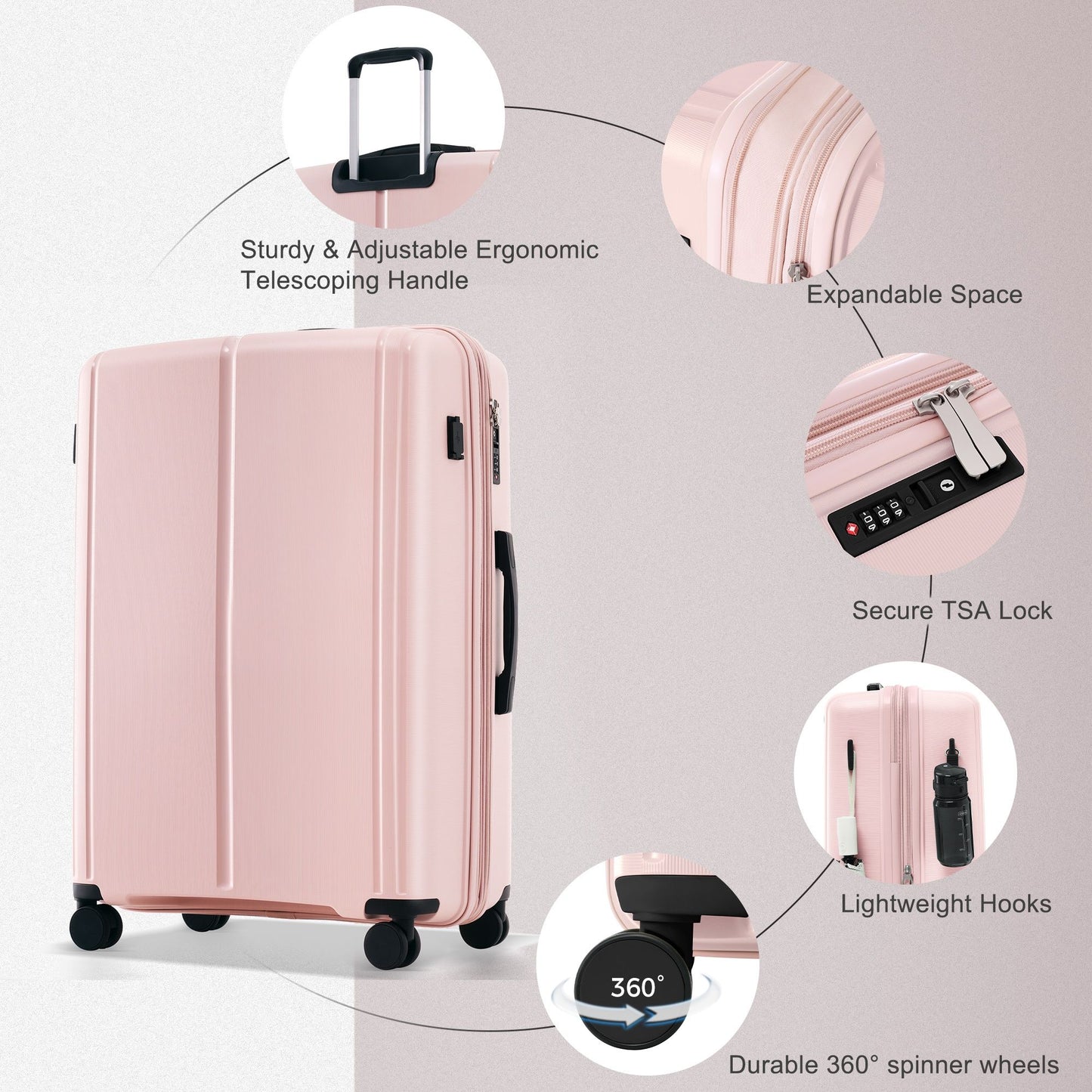 Luggage Sets 3 Piece Suitcase Set 20/24/28 with USB Port,Carry on Luggage Airline Approved,PP Lightweight Suitcase with Spinner Wheels, Pink
