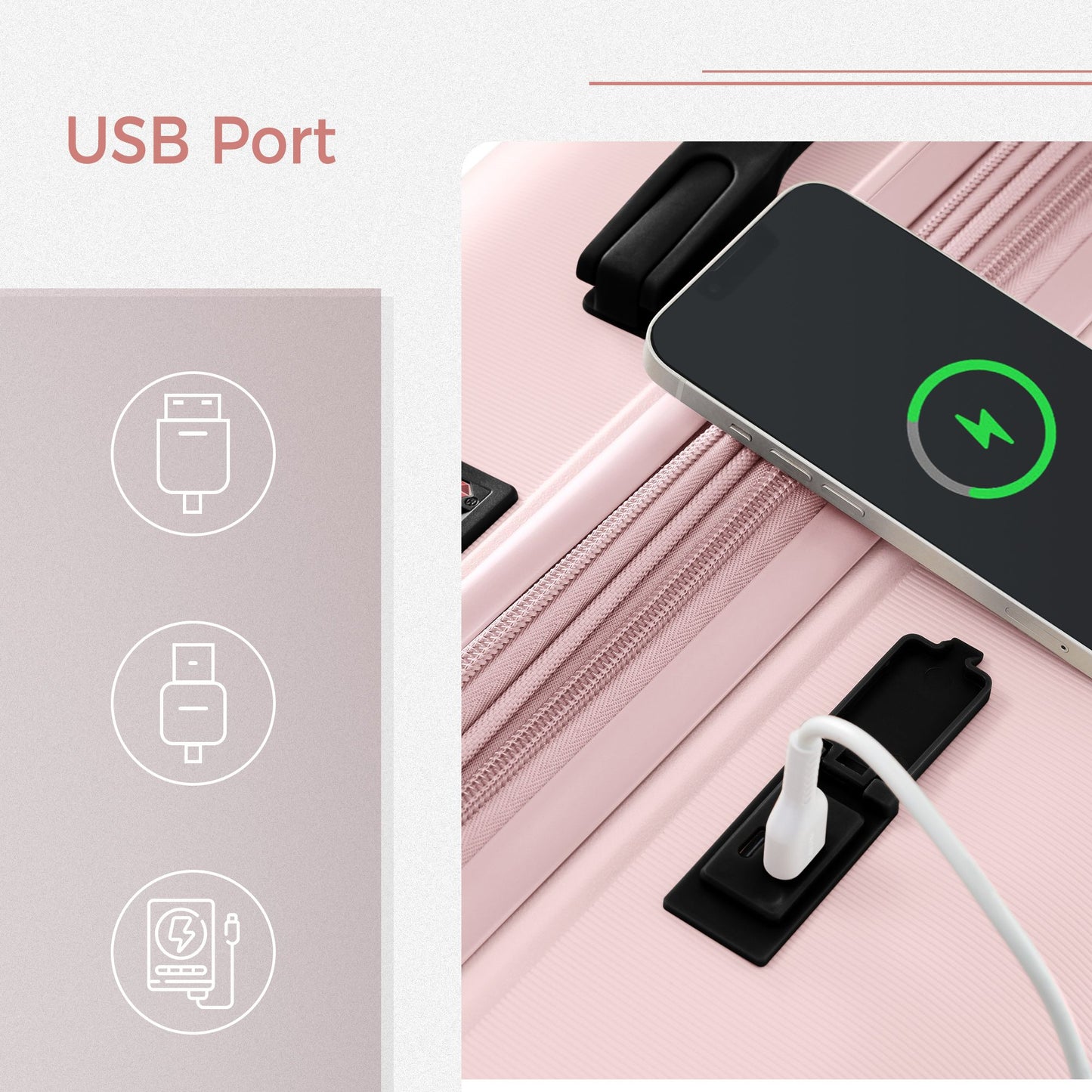 Luggage Sets 3 Piece Suitcase Set 20/24/28 with USB Port,Carry on Luggage Airline Approved,PP Lightweight Suitcase with Spinner Wheels, Pink