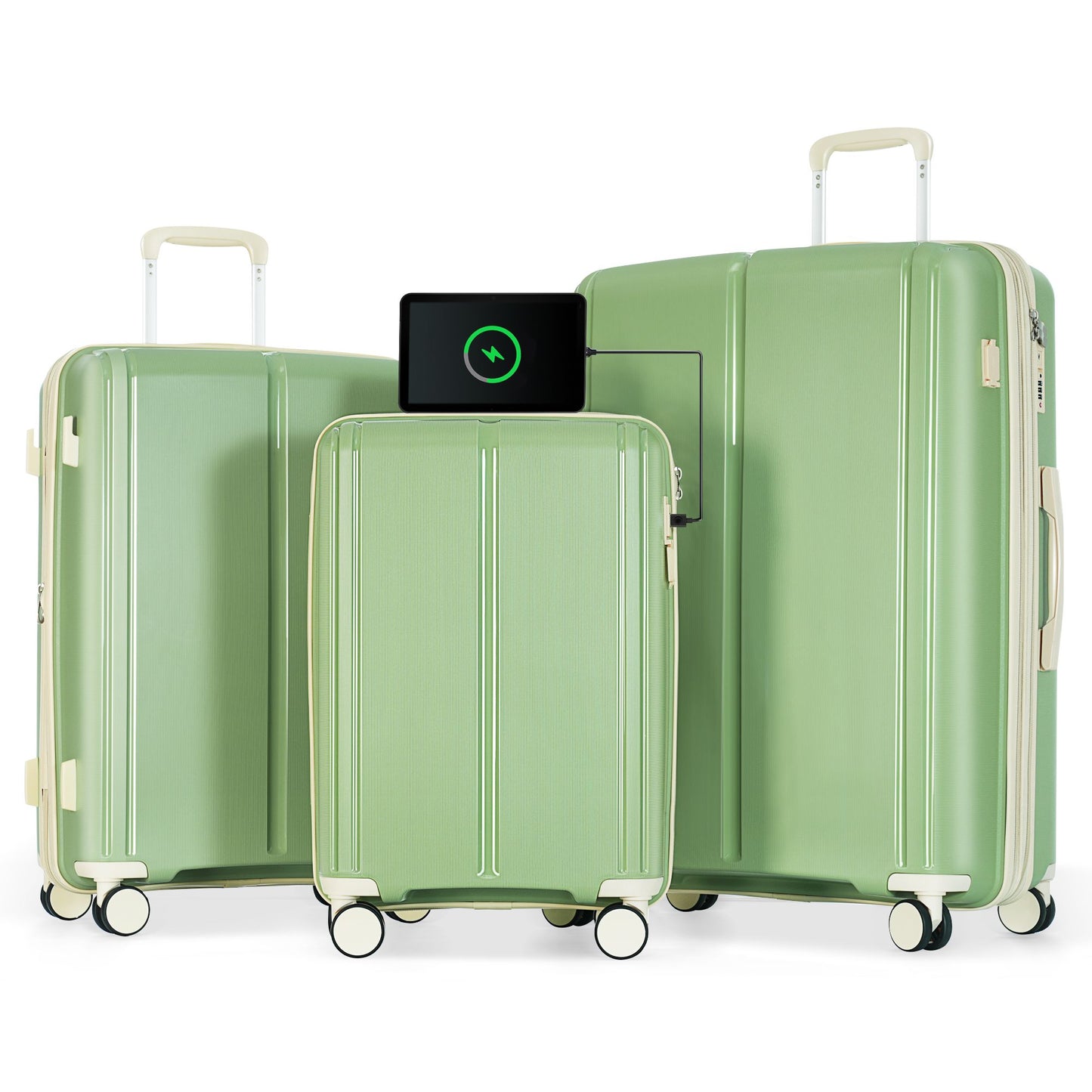 Luggage Sets 3 Piece Suitcase Set 20/24/28 with USB Port,Carry on Luggage Airline Approved,PP Lightweight Suitcase with Spinner Wheels,Green and Ivory