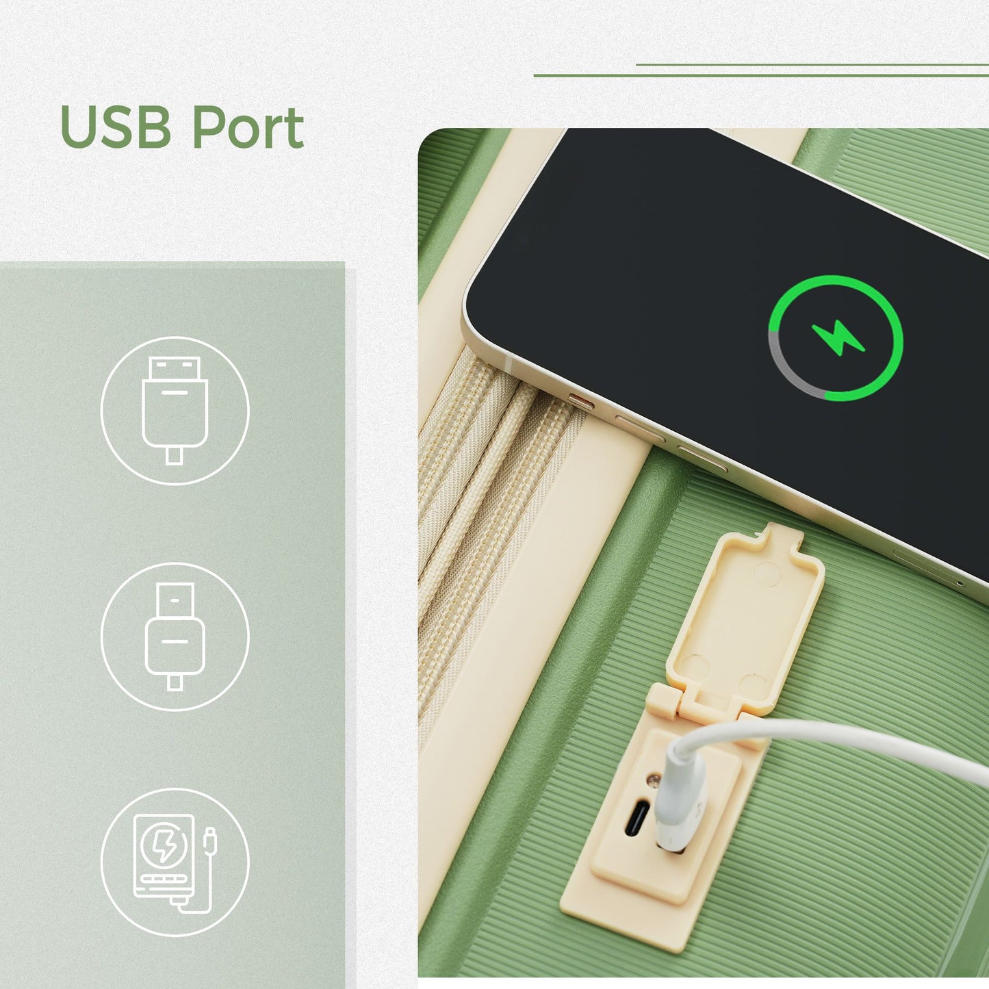 Luggage Sets 3 Piece Suitcase Set 20/24/28 with USB Port,Carry on Luggage Airline Approved,PP Lightweight Suitcase with Spinner Wheels,Green and Ivory