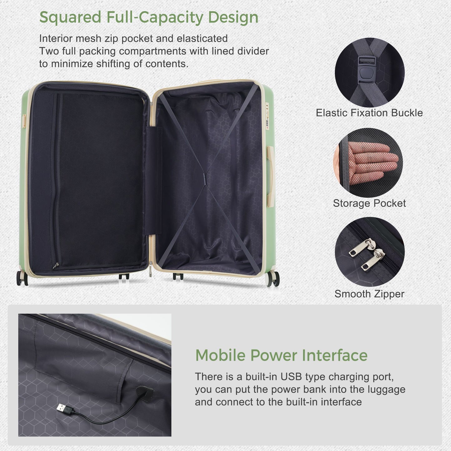 Luggage Sets 3 Piece Suitcase Set 20/24/28 with USB Port,Carry on Luggage Airline Approved,PP Lightweight Suitcase with Spinner Wheels,Green and Ivory