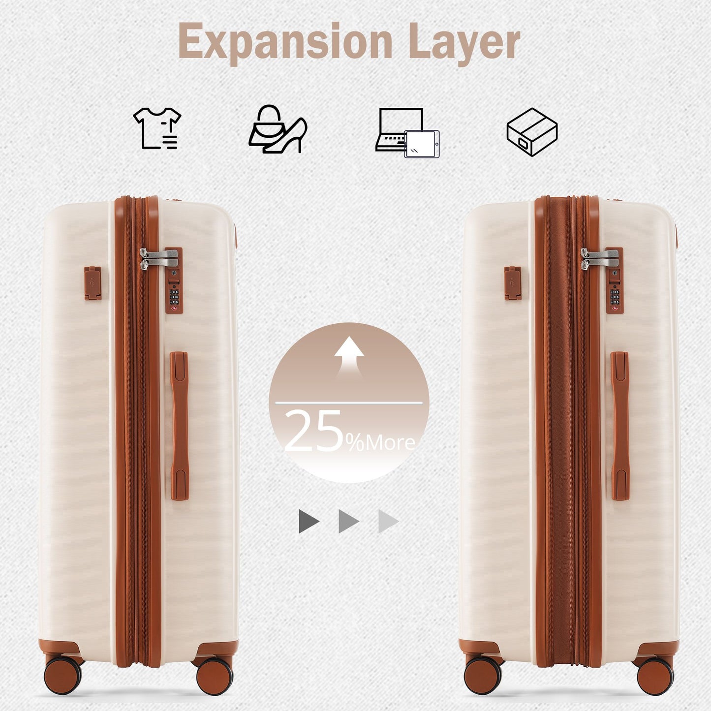 Luggage Sets 3 Piece Suitcase Set 20/24/28 with USB Port,Carry on Luggage Airline Approved,PP Lightweight Suitcase with Spinner Wheels,Ivory and Brown