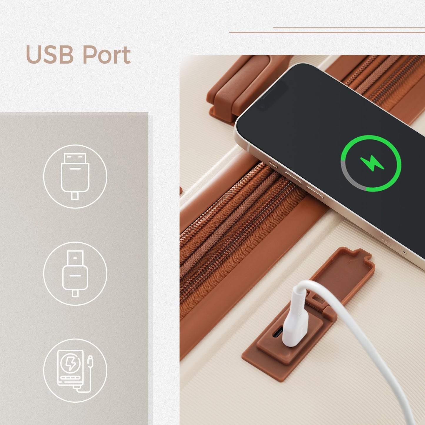 Luggage Sets 3 Piece Suitcase Set 20/24/28 with USB Port,Carry on Luggage Airline Approved,PP Lightweight Suitcase with Spinner Wheels,Ivory and Brown