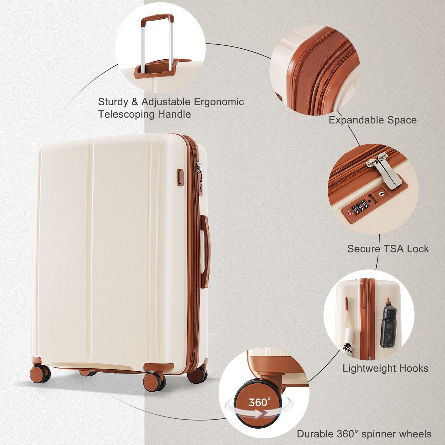 Luggage Sets 3 Piece Suitcase Set 20/24/28 with USB Port,Carry on Luggage Airline Approved,PP Lightweight Suitcase with Spinner Wheels,Ivory and Brown
